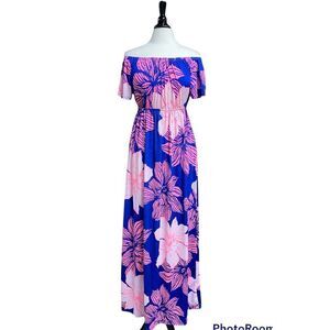 Sweet Lovely by Jen Royal Blue & Neon Pink Off Shoulder Maxi Dress NWOT